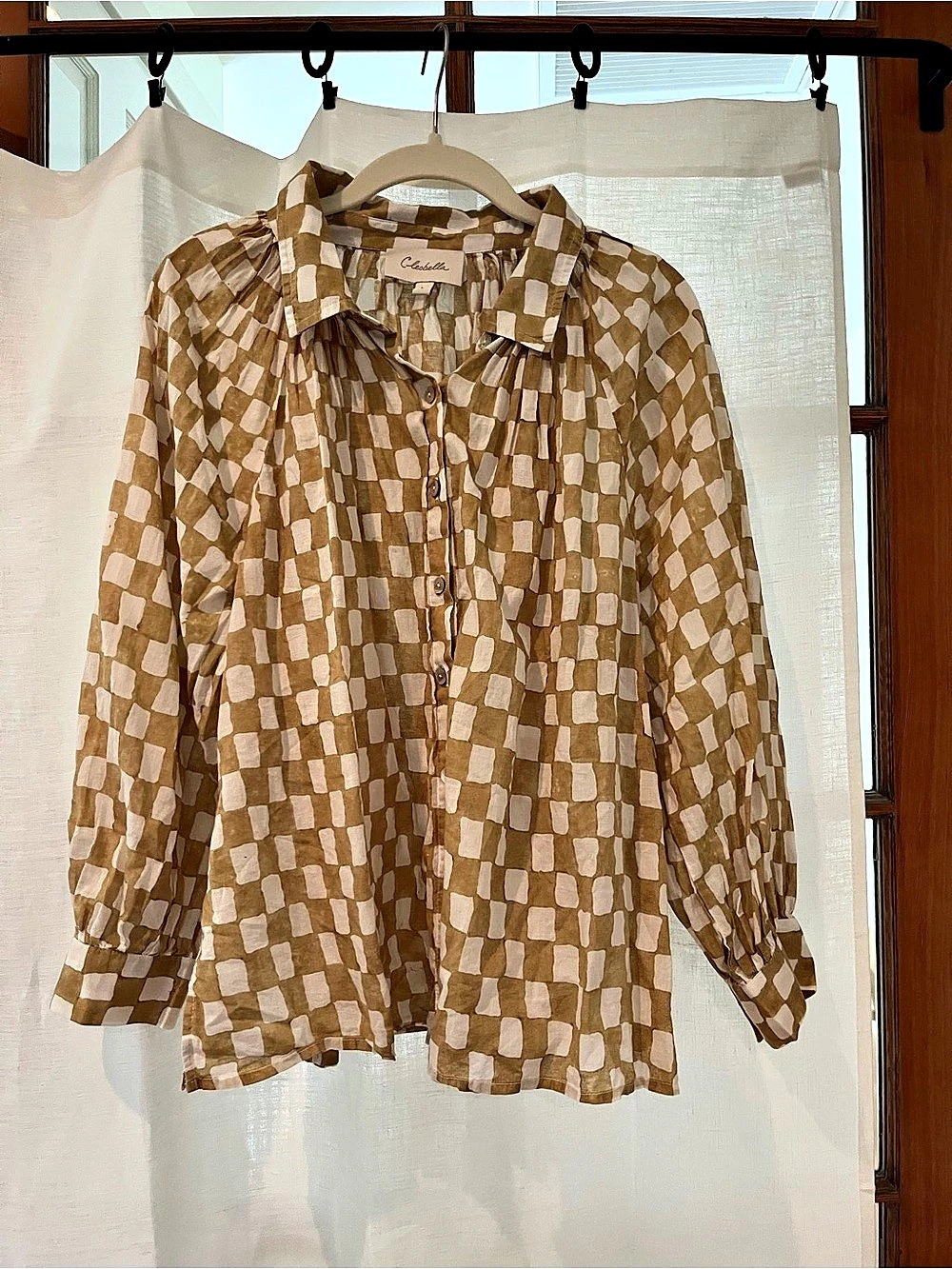 Cleobella Geometric Button Down Shirt in Brown & White Size L
